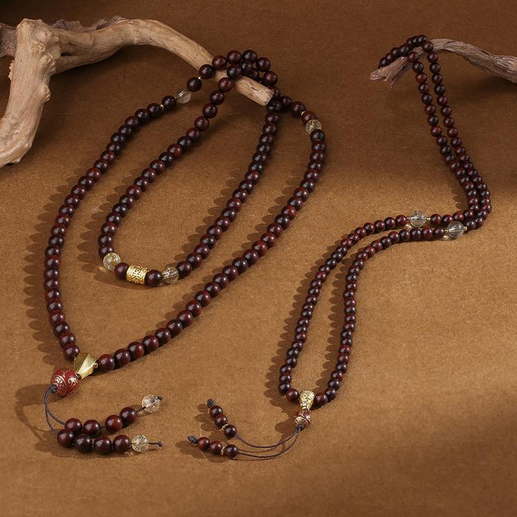 Tibetan Buddhist handcrafted mala with little leaf sandalwood golden rutile crystal and Potala Palace silver bead