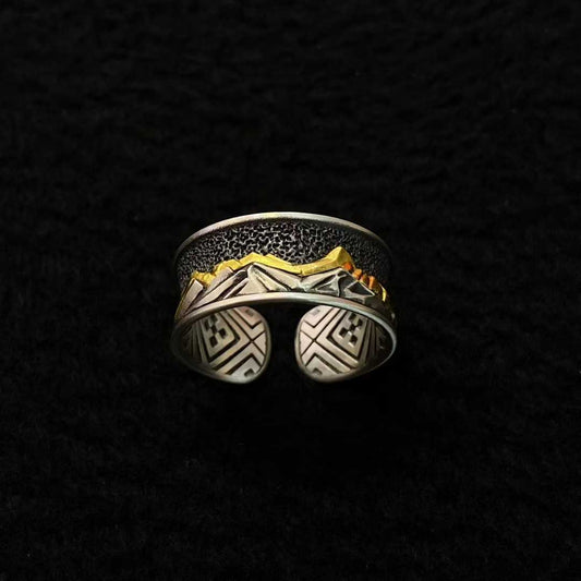 Tibetan Buddhist Gongga Snow Mountain ring, handcrafted with gold and silver inlay, sacred jewelry.