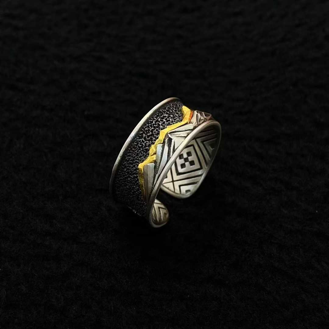 Tibetan Buddhist Gongga Snow Mountain ring, gold and silver inlaid, sacred symbol of strength.