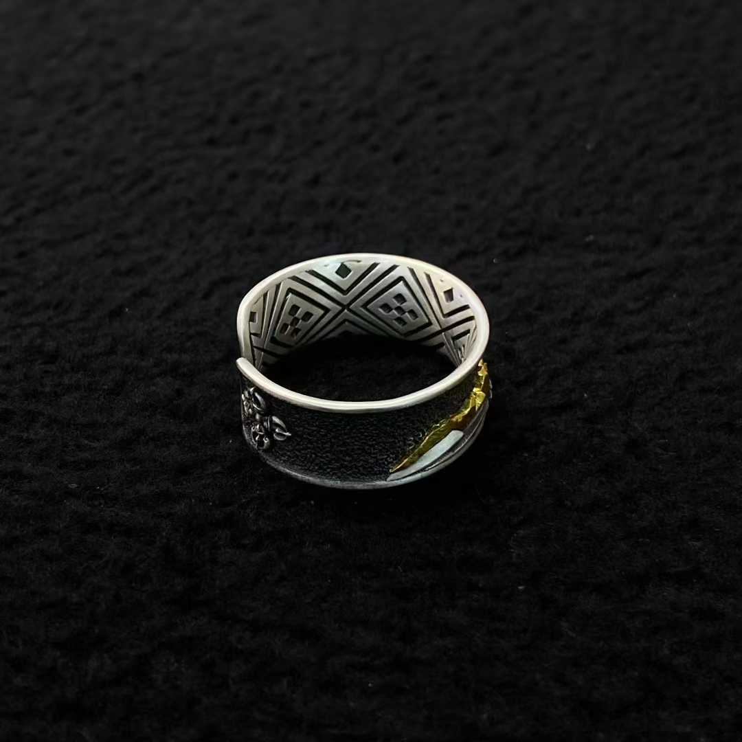 925 silver and gold Gongga Snow Mountain ring, handcrafted Tibetan Buddhist jewelry with inlay design.