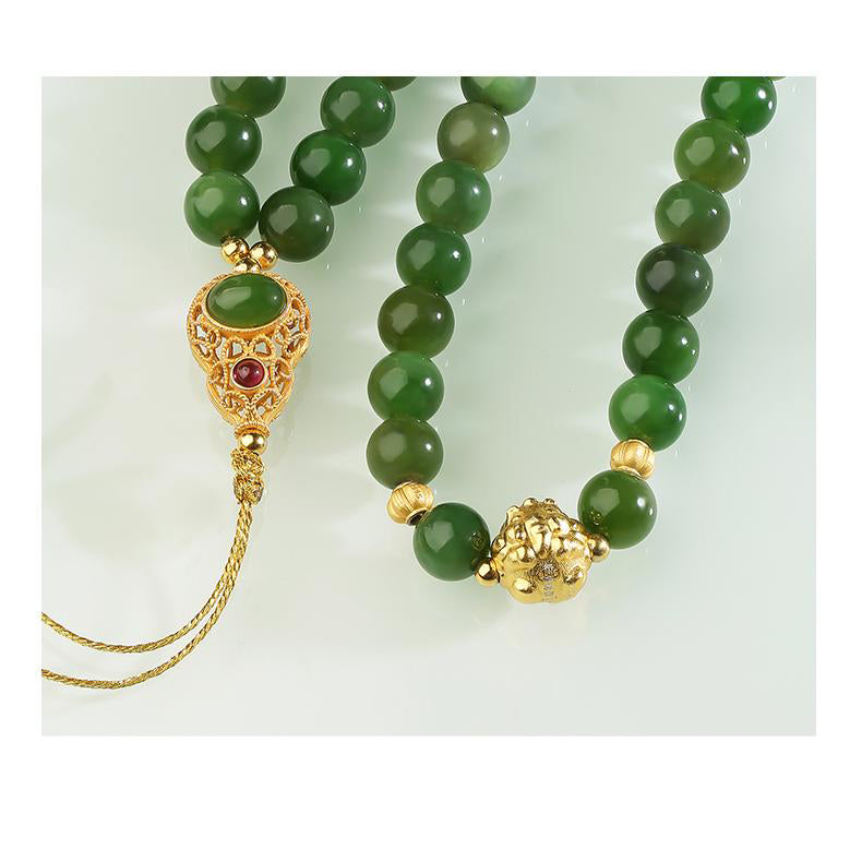 Tibetan Buddhist jade and silver necklace, handcrafted to promote harmony, calm, and spiritual awakening.