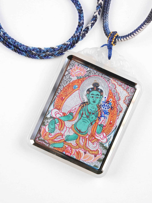 Hand-painted Green Tara Tibetan Thangka pendant for zodiac protection and good fortune.