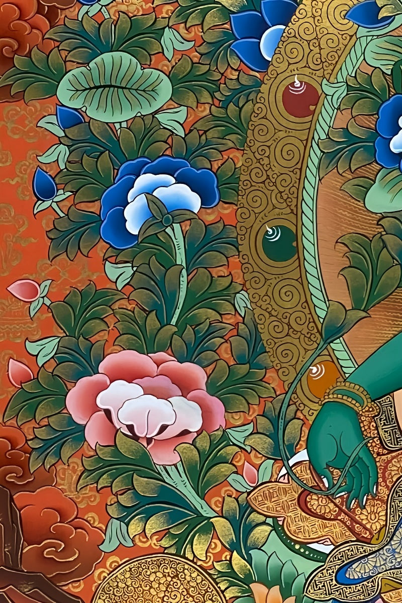 Protective Green Tara thangka, hand-painted Tibetan Buddhist artwork with mineral pigments, ideal for warding off obstacles.