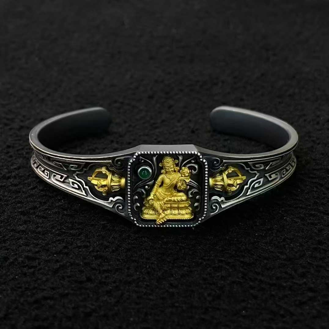 Handcrafted S925 silver Green Tara bracelet featuring fine inlay Tibetan Buddhist design.