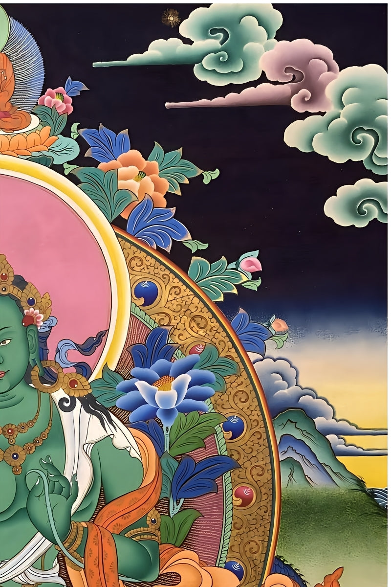 Traditional hand-painted Green Tara thangka, symbolizing compassion and peace, perfect for devotional practice and home decor.