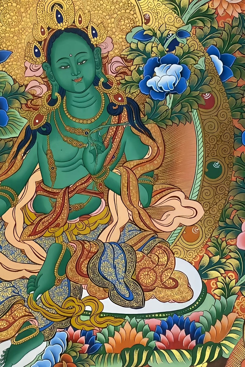 Sacred Tibetan Buddhist Green Tara bodhisattva thangka, hand-painted with mineral pigments, for spiritual practice and meditation.