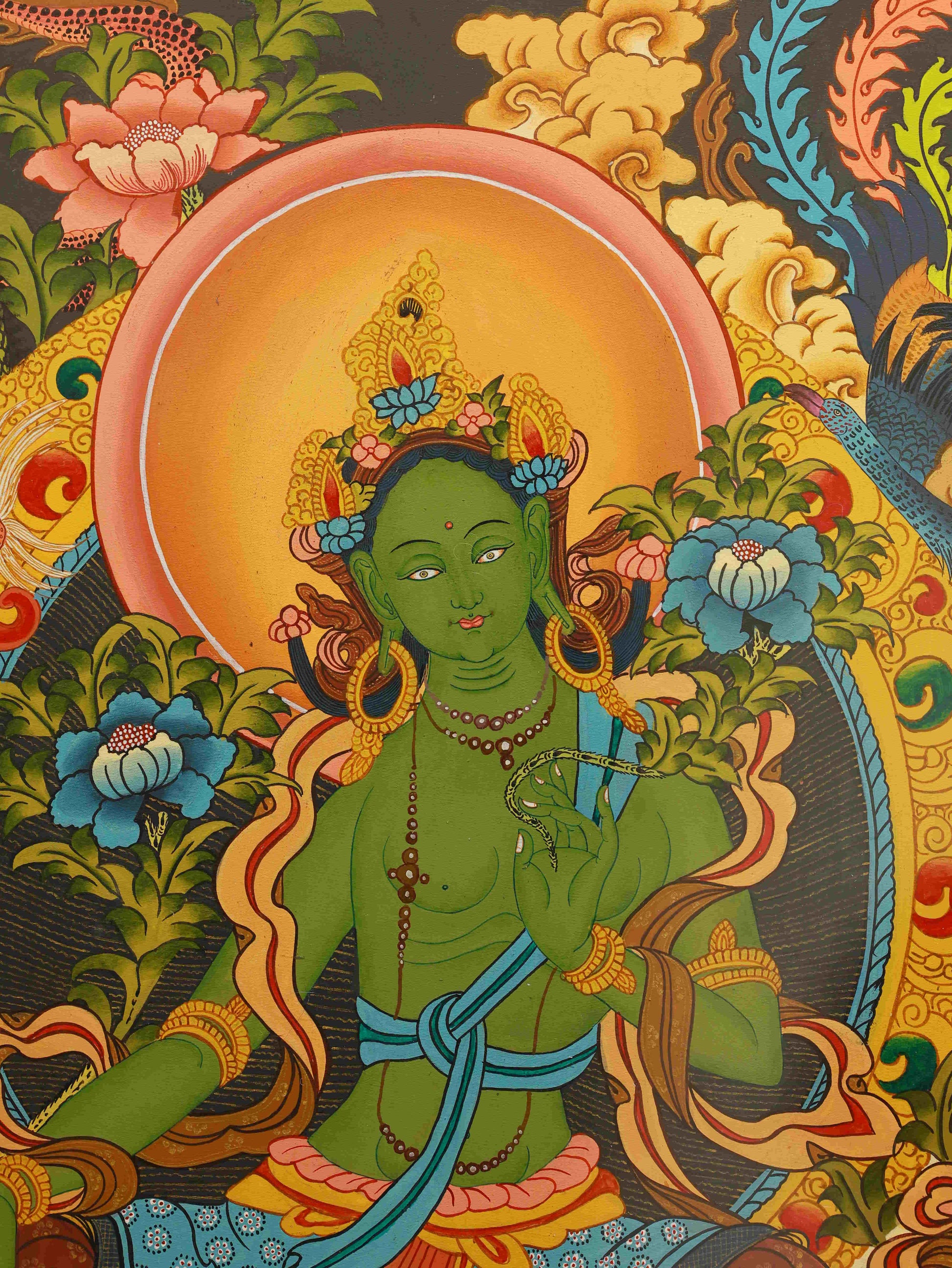Handmade Tibetan Thangka Painting of Green Tara – Pure Compassion Energy