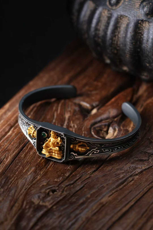 Tibetan Buddhist Green Tara S925 silver handcrafted bracelet inspired by thangka jewelry