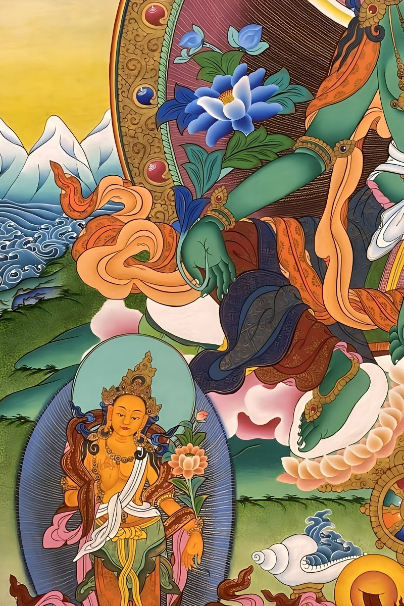 Green Tara Tibetan thangka for meditation, hand-painted with mineral pigments, promoting mindfulness, balance, and spiritual calm.