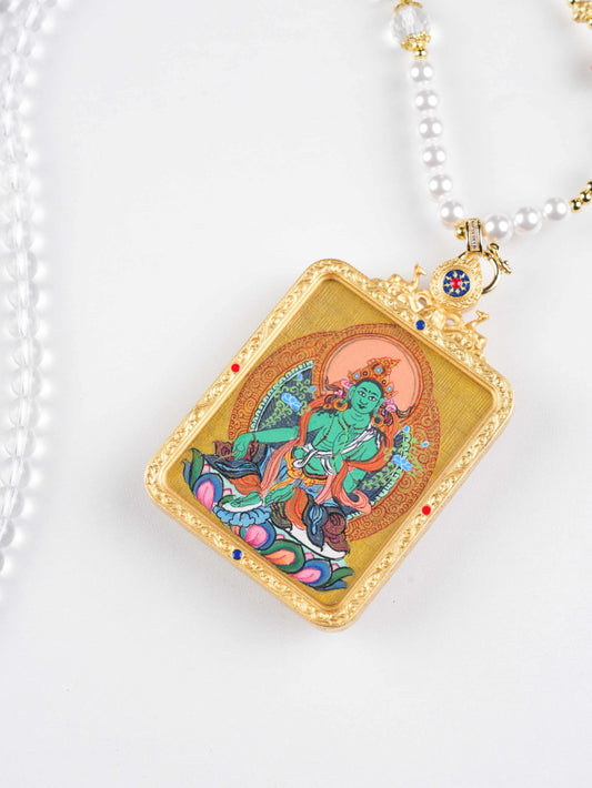 Mini Tibetan Thangka painting of Green Tara Bodhisattva offering zodiac protection and blessings.