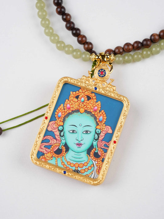 Hand-painted Green Tara Mini Thangka – Tibetan Buddhist Art on Canvas with Mineral Pigments