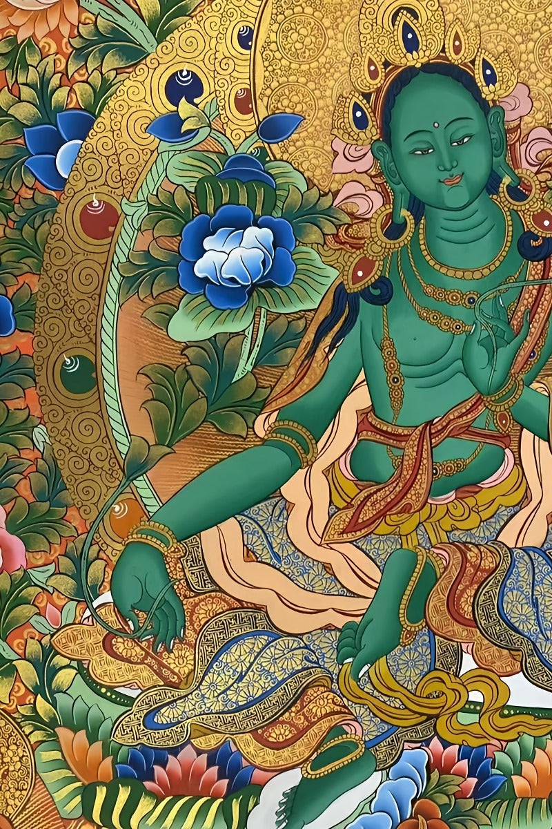 Green Tara Tibetan thangka for meditation, pure hand-painted with mineral pigments, promoting peace, compassion, and mindfulness.