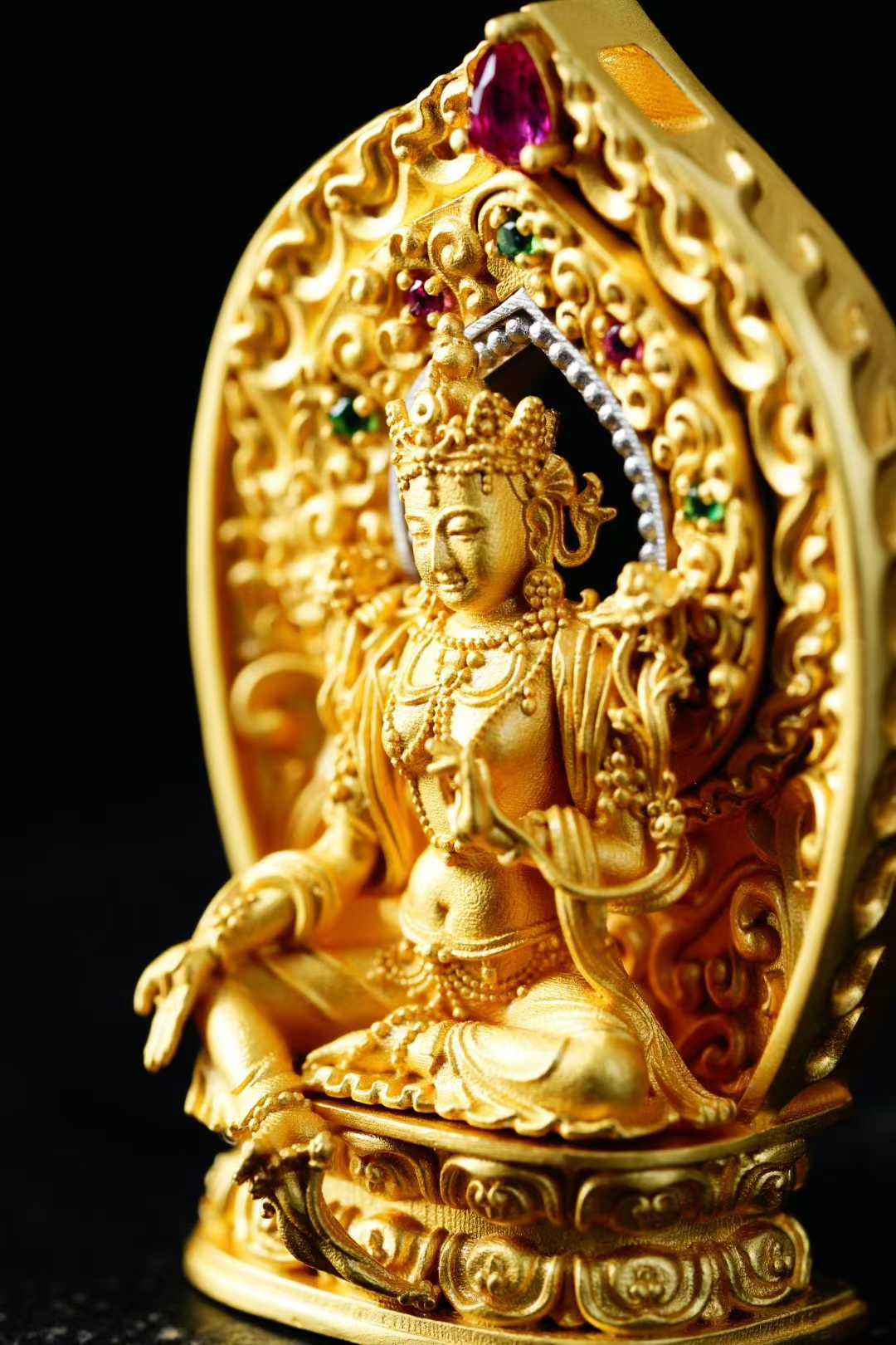 Sacred Tibetan Green Tara pendant, copper with fine inlay, handcrafted for spiritual wear.