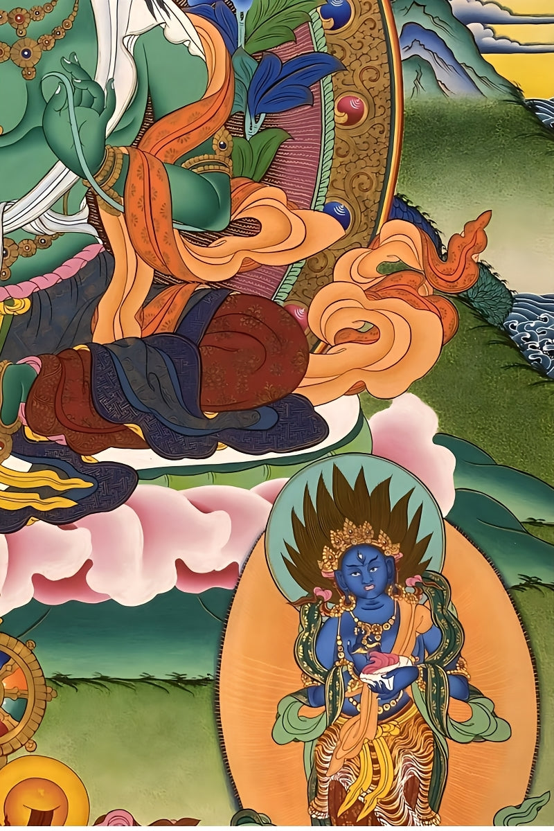 Green Tara as spiritual guide, hand-painted Tibetan thangka with mineral pigments, supporting devotion, meditation, and inner guidance.