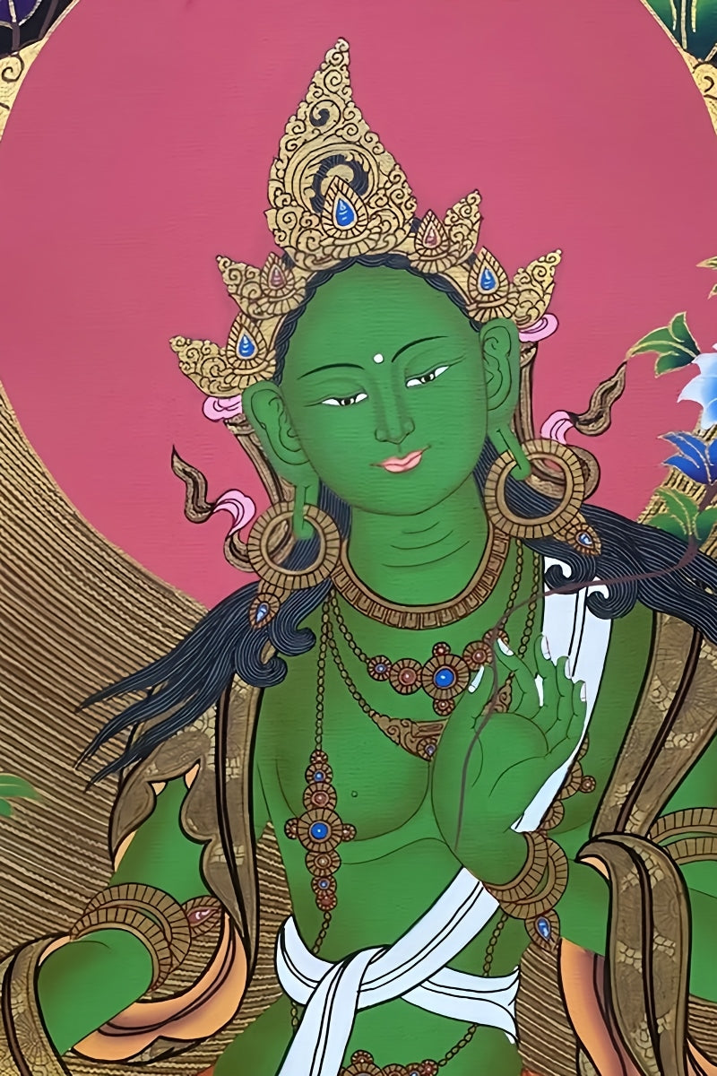 Sacred Tibetan Buddhist Green Tara thangka artwork, detailed hand-painted design with mineral pigment colors.