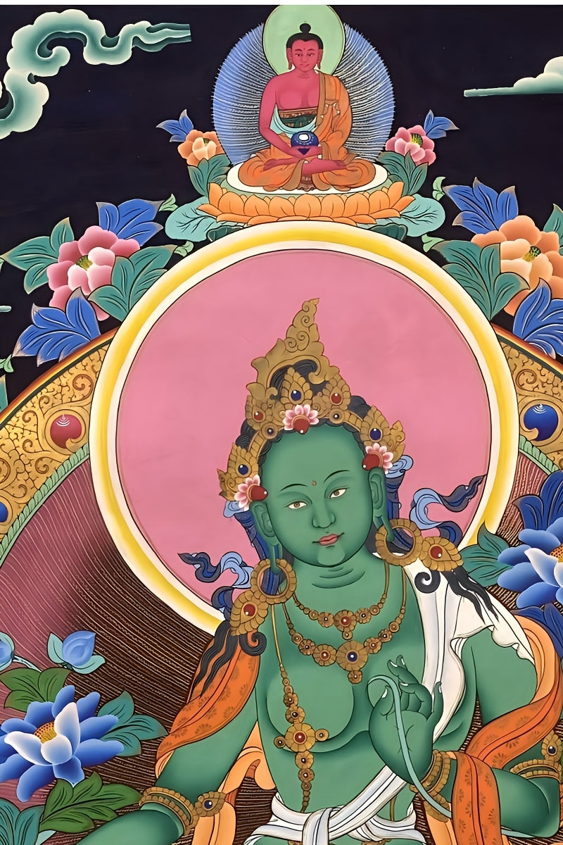 Sacred Green Tara Tibetan thangka artwork, hand-painted with mineral pigments, offering meditation support and spiritual guidance.