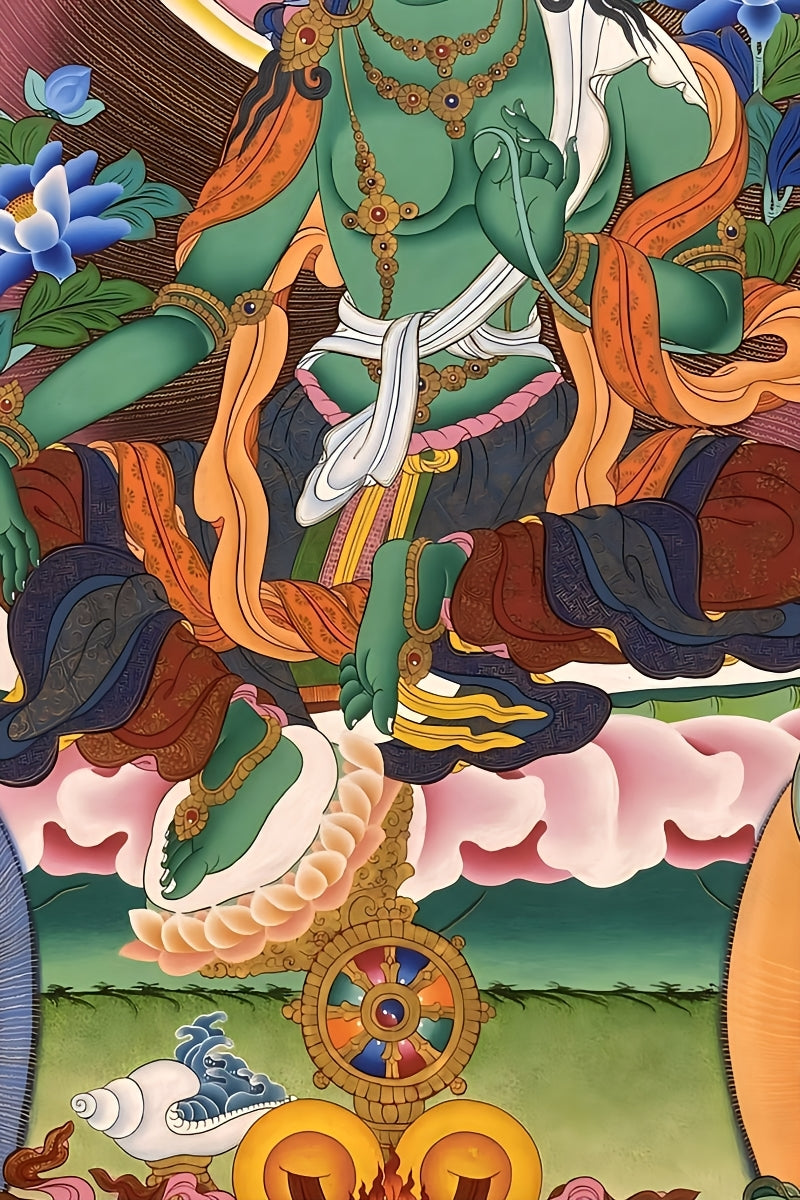 Protective Green Tara thangka, pure hand-painted Tibetan thangka painting, ideal for warding off obstacles and bringing blessings.