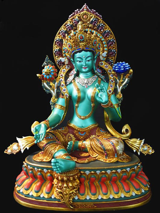 Handcrafted Tibetan-buddhist Green Tara statue in copper, decorated with mineral pigments, a spiritual Tibetan Buddha art sculpture for practice spaces.