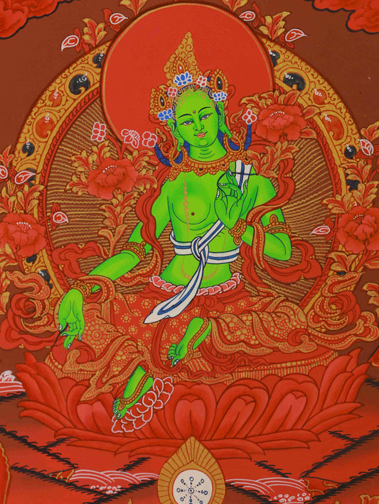 Tibetan Buddhist Green Tara Thangka Painting with Natural Mineral Pigments - Compassionate Activity Art
