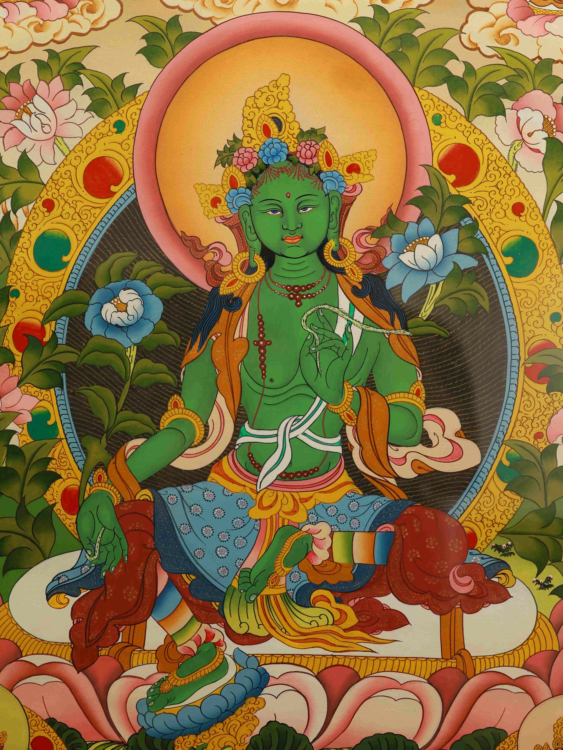 Tibetan Buddhist Green Tara Thangka - Swift Protection and Compassion Artwork