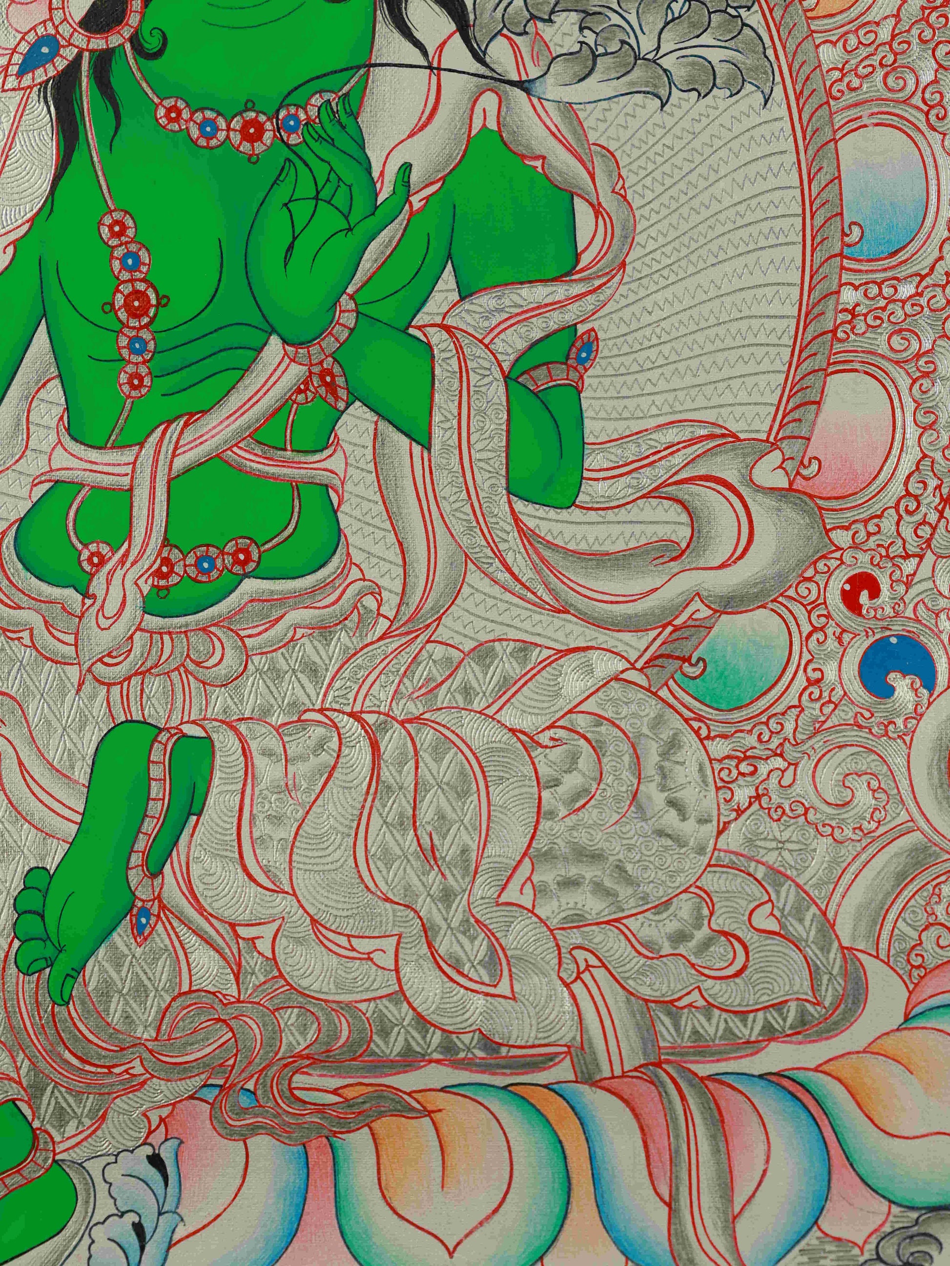 Authentic hand-painted Silver Foil Green Tara Thangka, 75x50cm, enhancing spiritual energy in home or shrine.