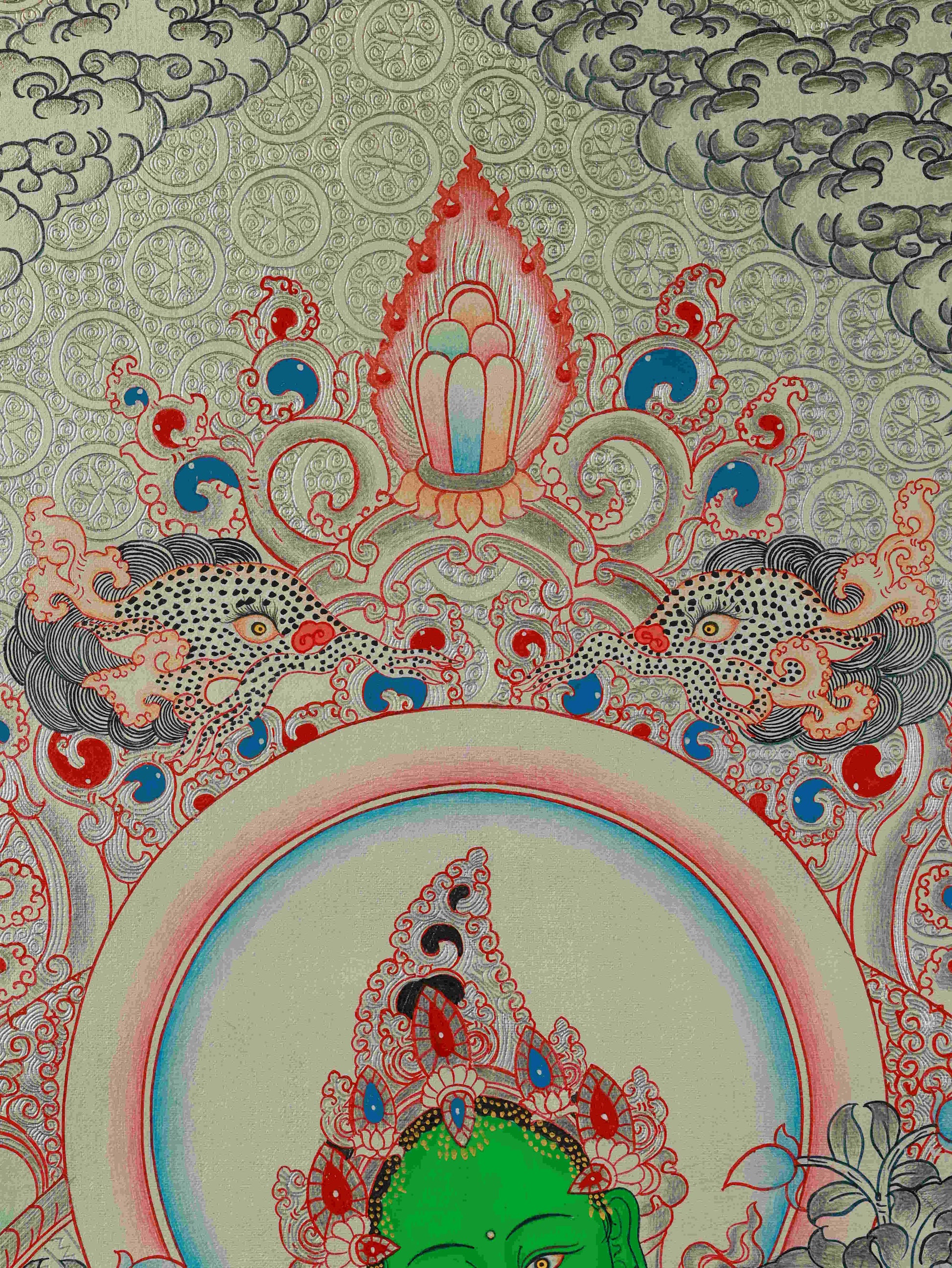 Detailed view of Silver Foil Green Tara Thangka painting, representing compassion, protection, and blessings.