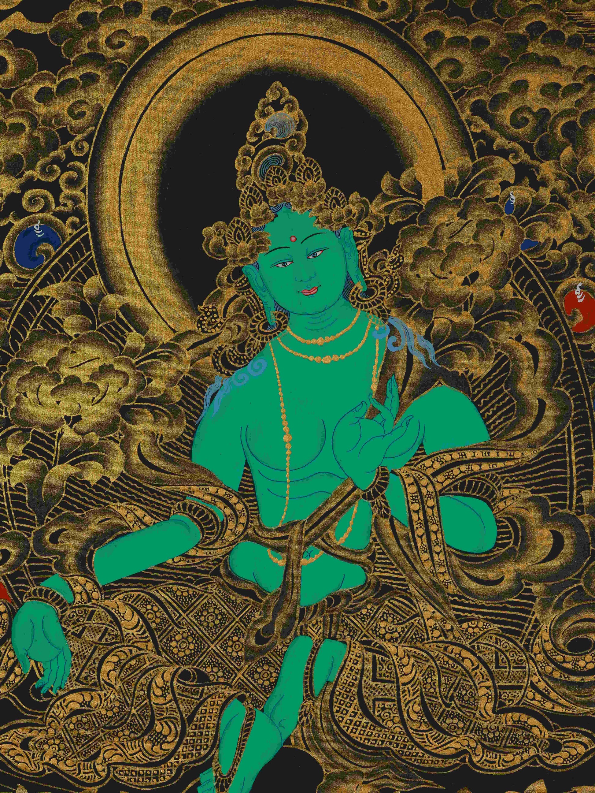 Black and Gold Green Tara Tibetan Thangka Artwork – hand-painted Buddhist art for meditation and devotion.