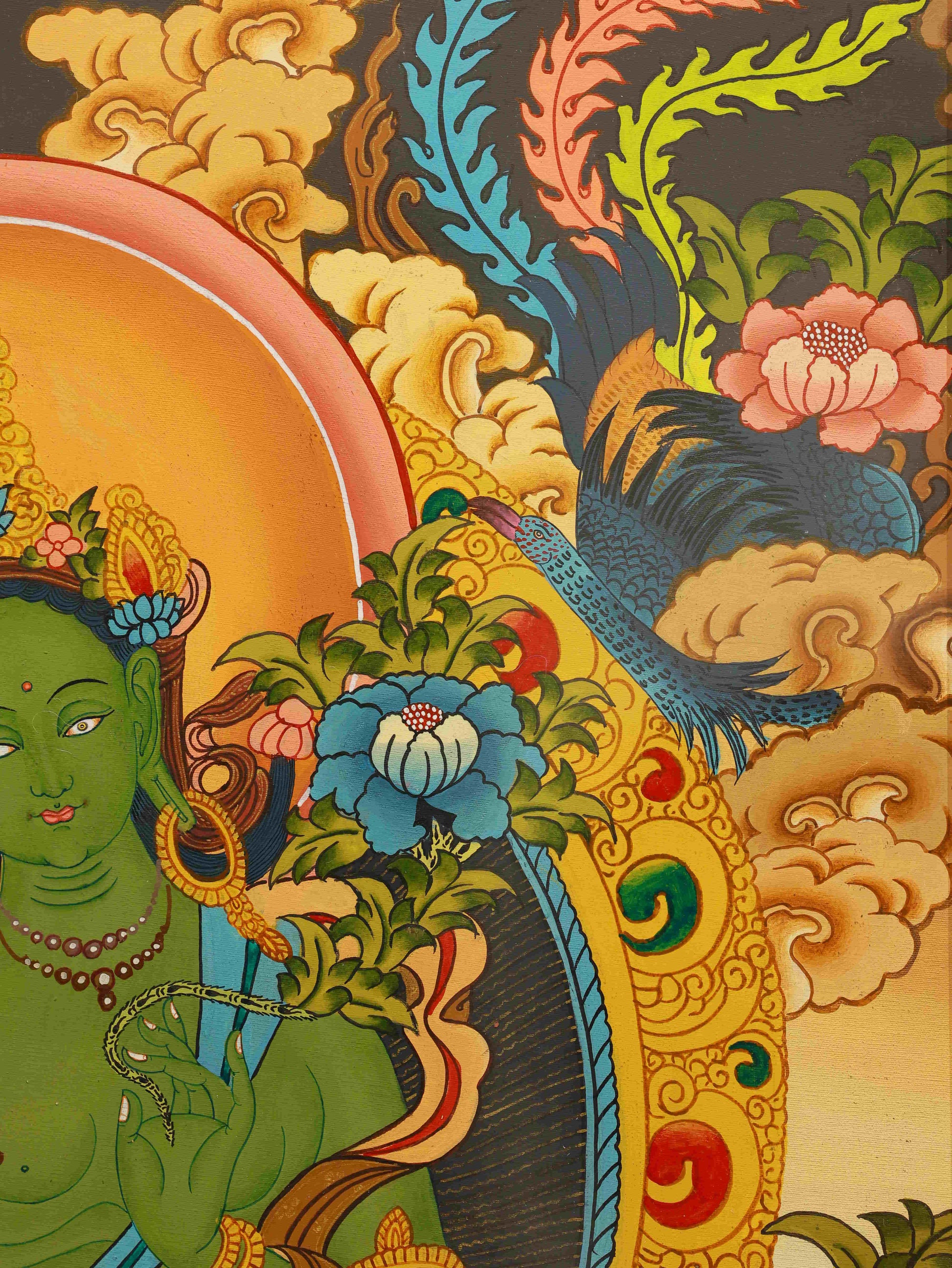 Traditional Tibetan Buddhist Green Tara Thangka Art for Blessings and Safety