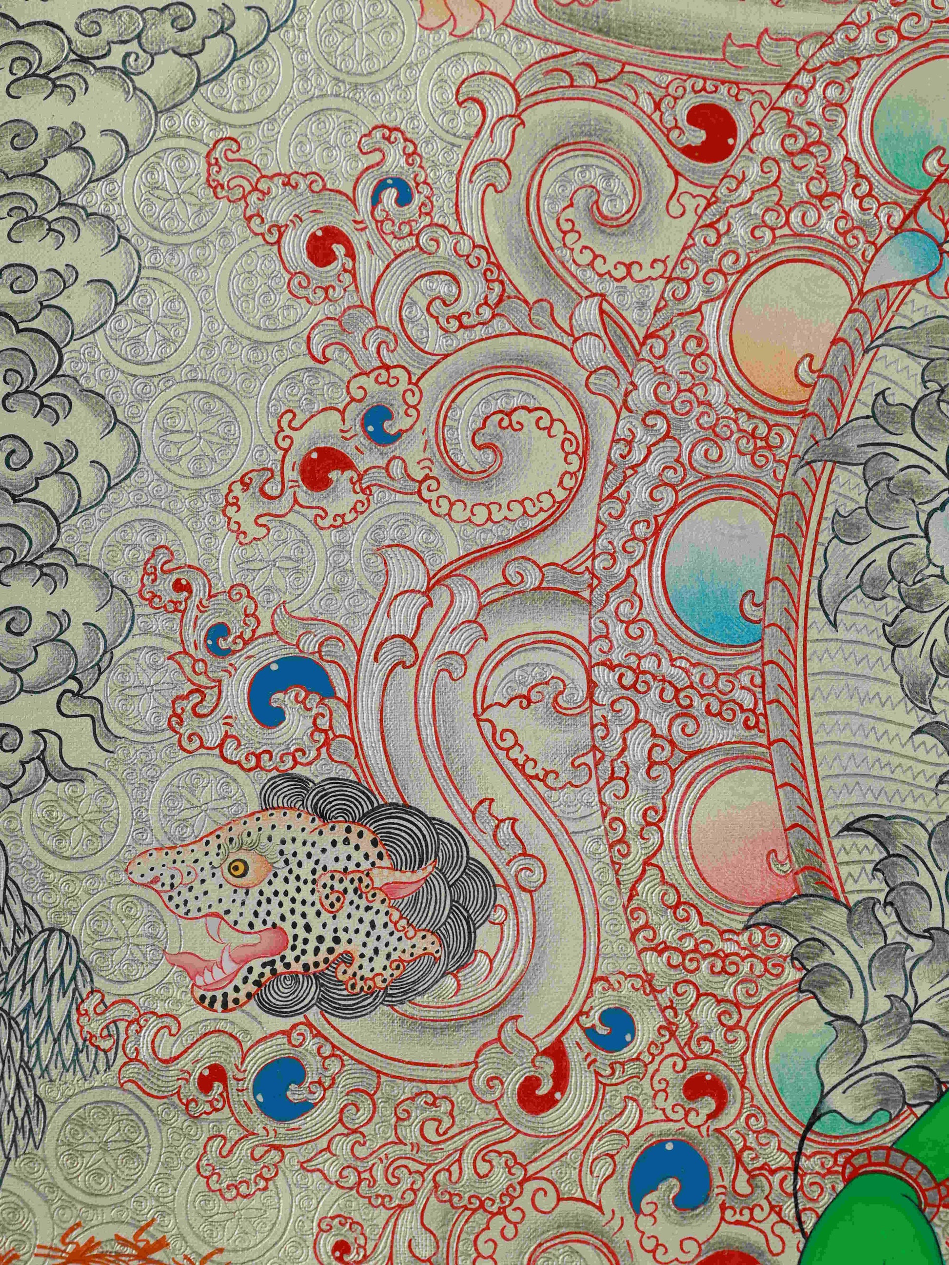 Close-up of hand-painted Silver Foil Green Tara, capturing intricate Tibetan Thangka details.