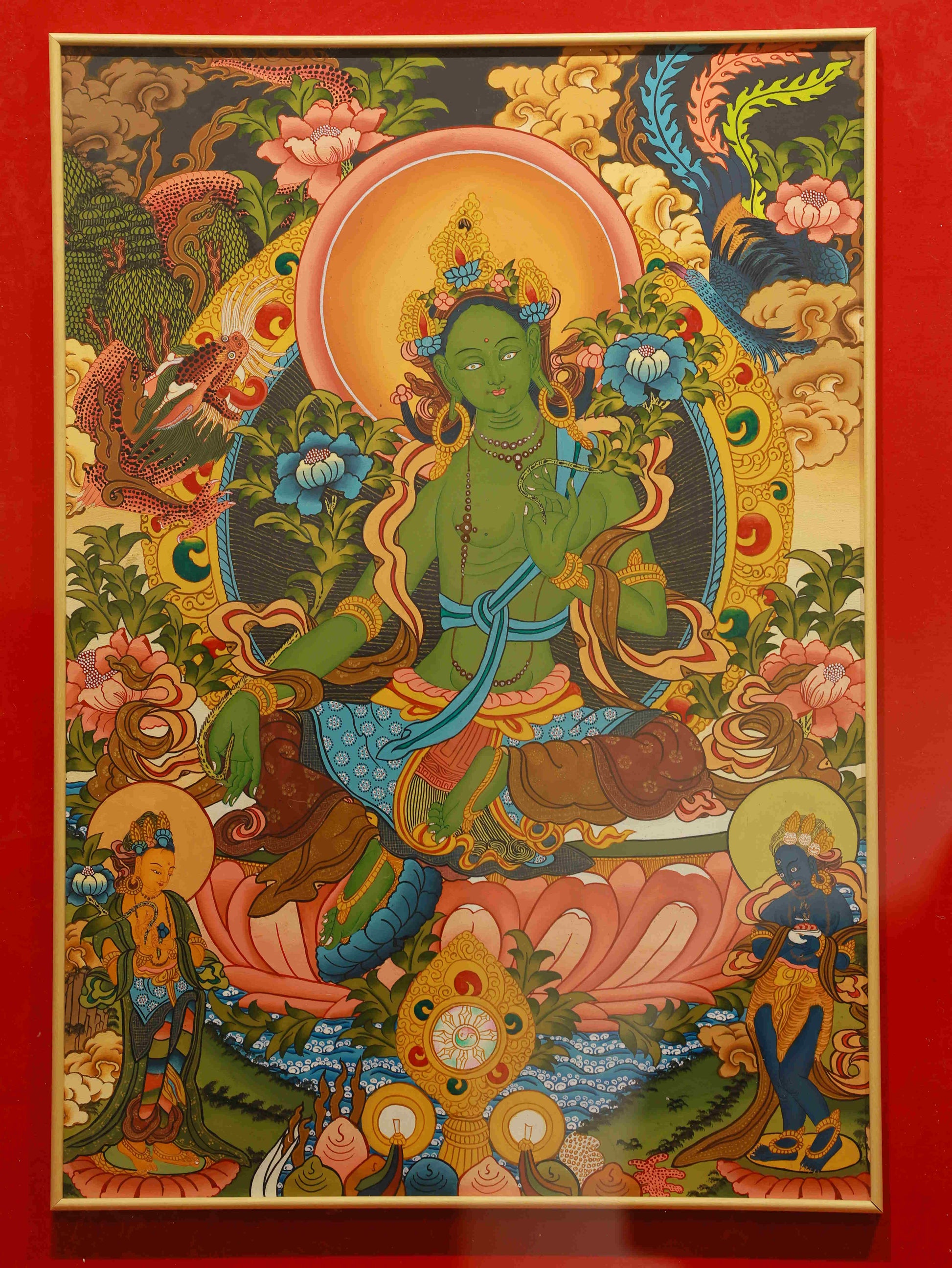 Handmade Tibetan Buddhist Green Tara Thangka Painting on Canvas with Mineral Pigments
