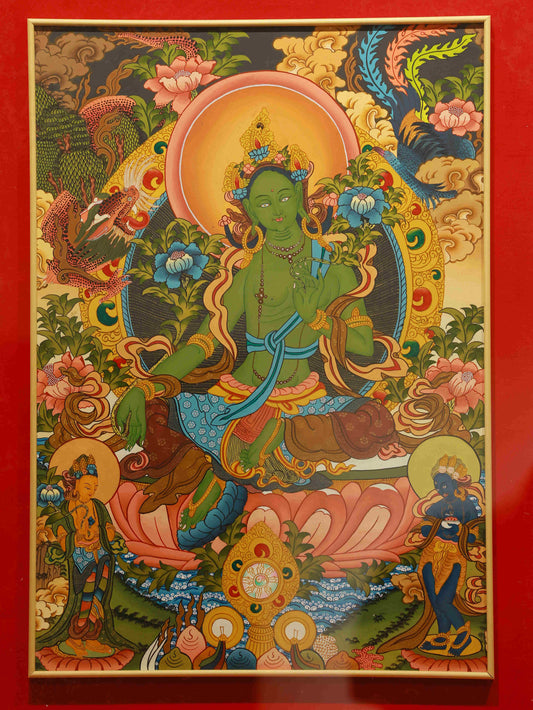 Handmade Tibetan Buddhist Green Tara Thangka Painting on Canvas with Mineral Pigments