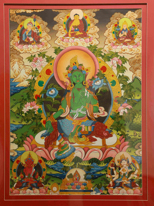 Tibetan Buddhist Green Tara Thangka Painting with Mineral Pigments on Traditional Canvas