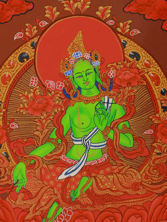 Traditional Tibetan Thangka of Green Tara - Hand Painted Compassion and Protection Art