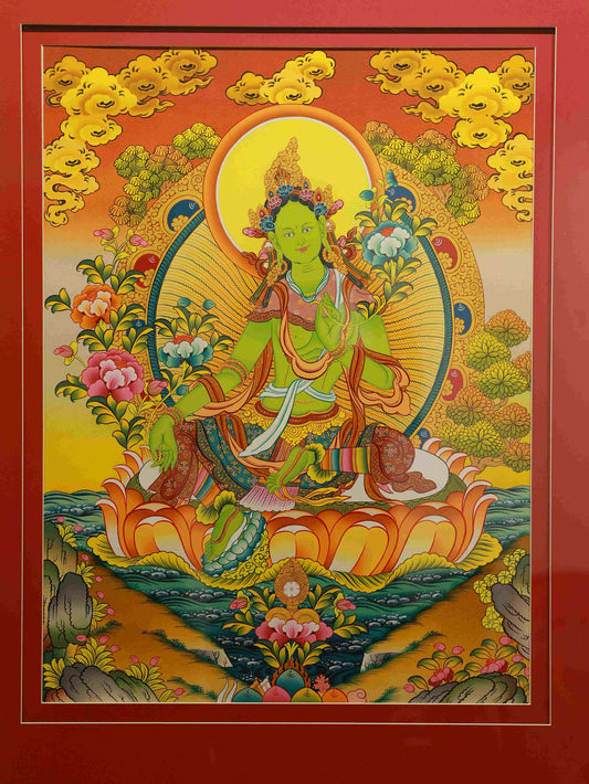 Traditional Tibetan Thangka of Green Tara - Hand Painted Compassion Artwork