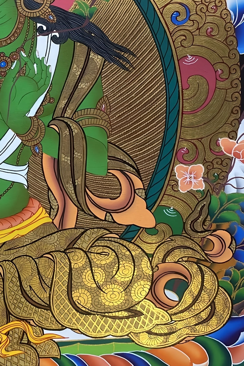 Traditional Tibetan Buddhist Green Tara thangka painting, crafted with pure mineral pigments by skilled artists.