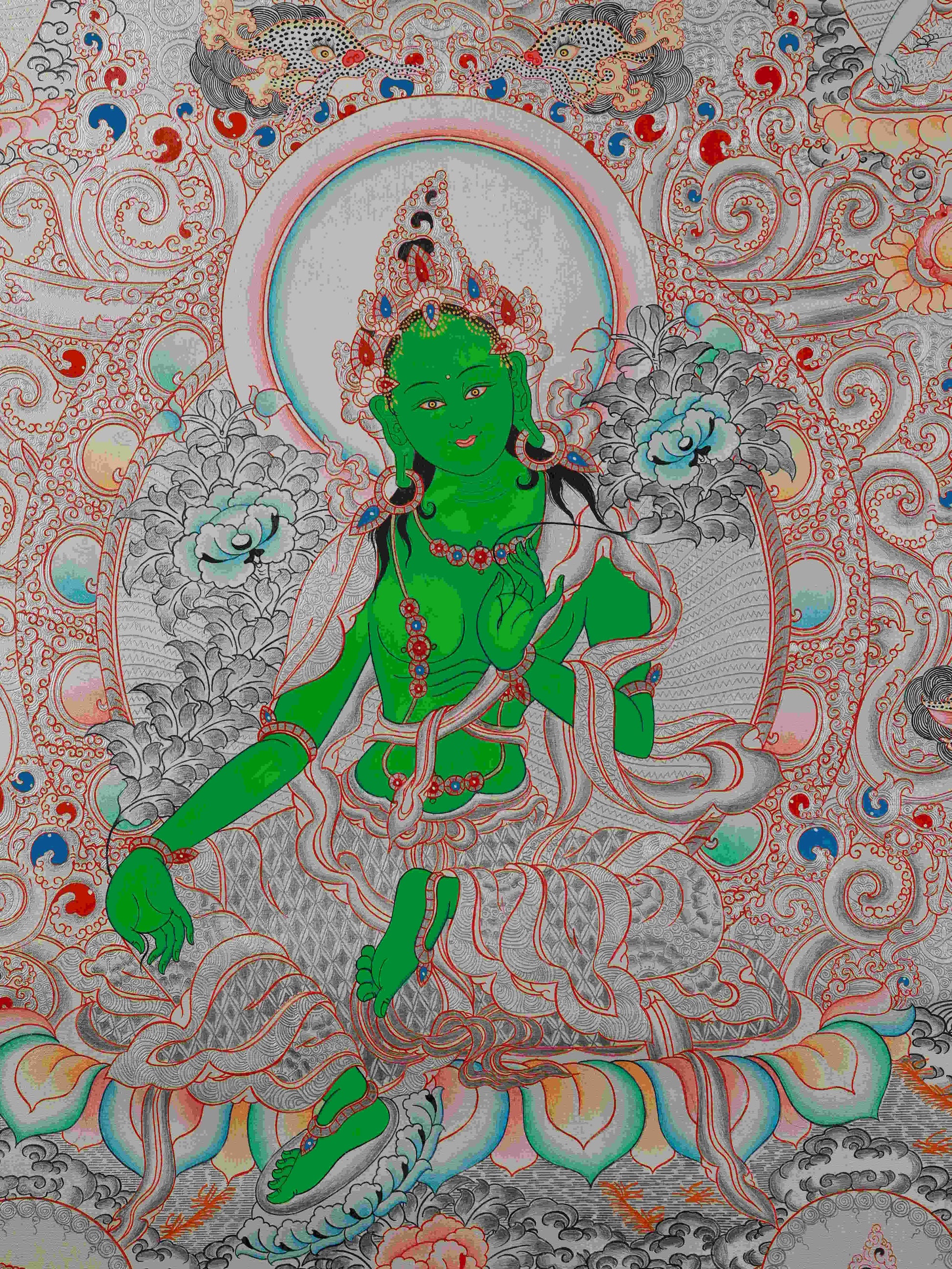 Vibrant Silver Foil Green Tara Thangka, hand-painted on traditional Thangka canvas.