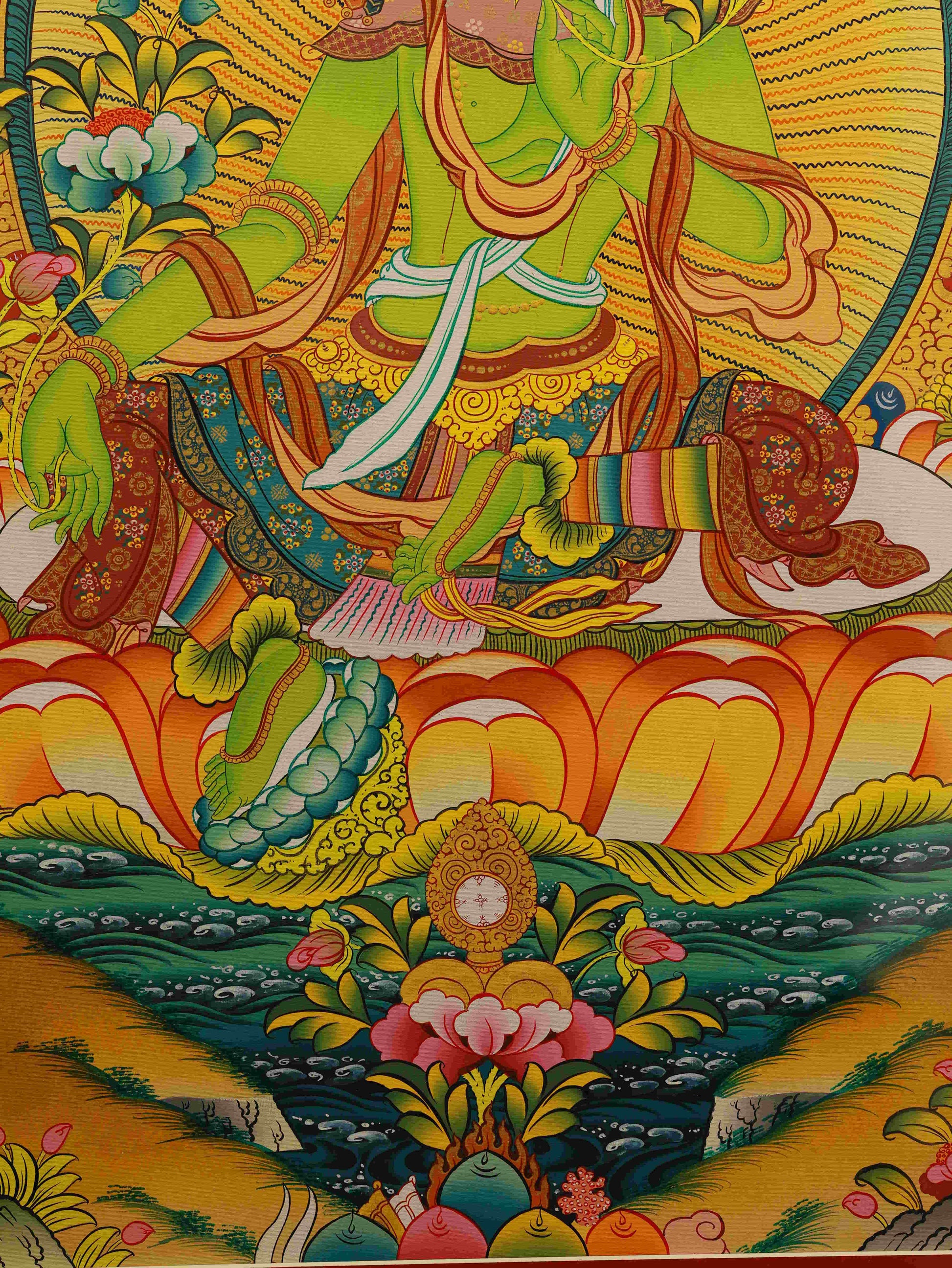 Tibetan Buddhist Green Tara Thangka - Swift Protection and Blessings Art