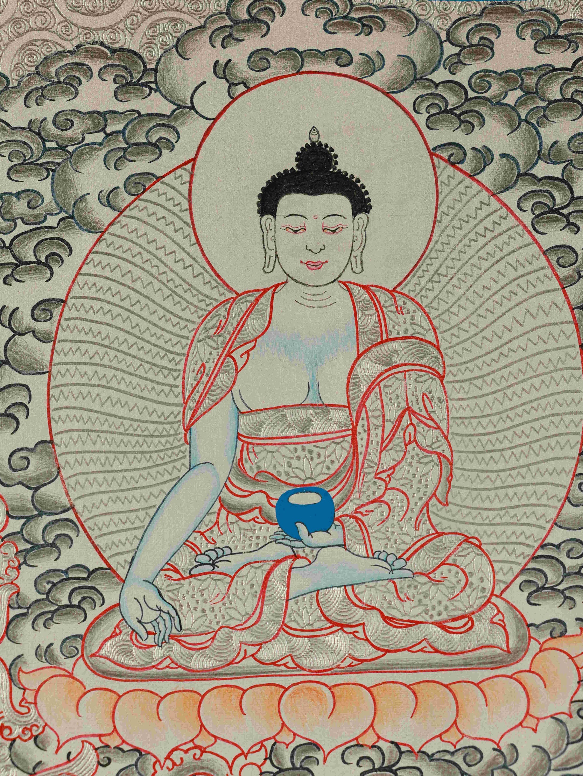 Detailed hand-painted Green Tara Thangka with silver foil, symbolizing compassion and peace.