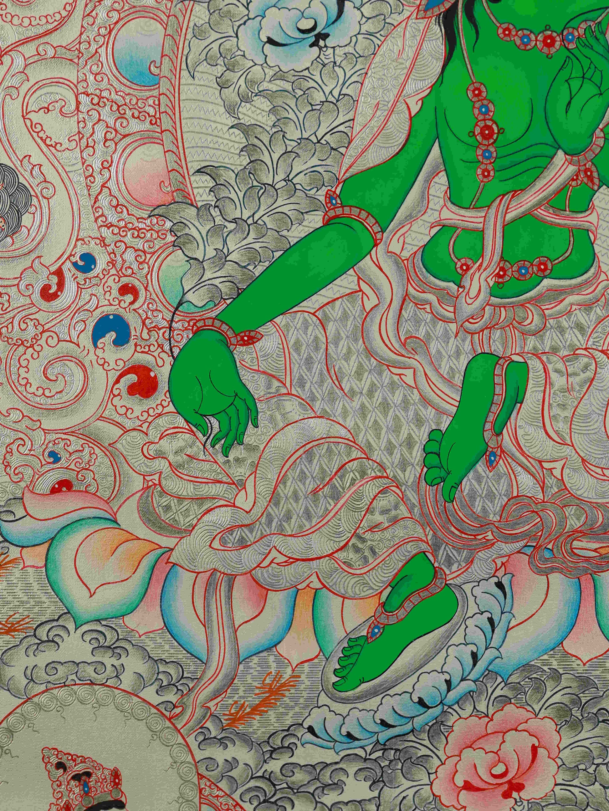 Traditional Tibetan Thangka painting of Silver Foil Green Tara, perfect for meditation and shrine.