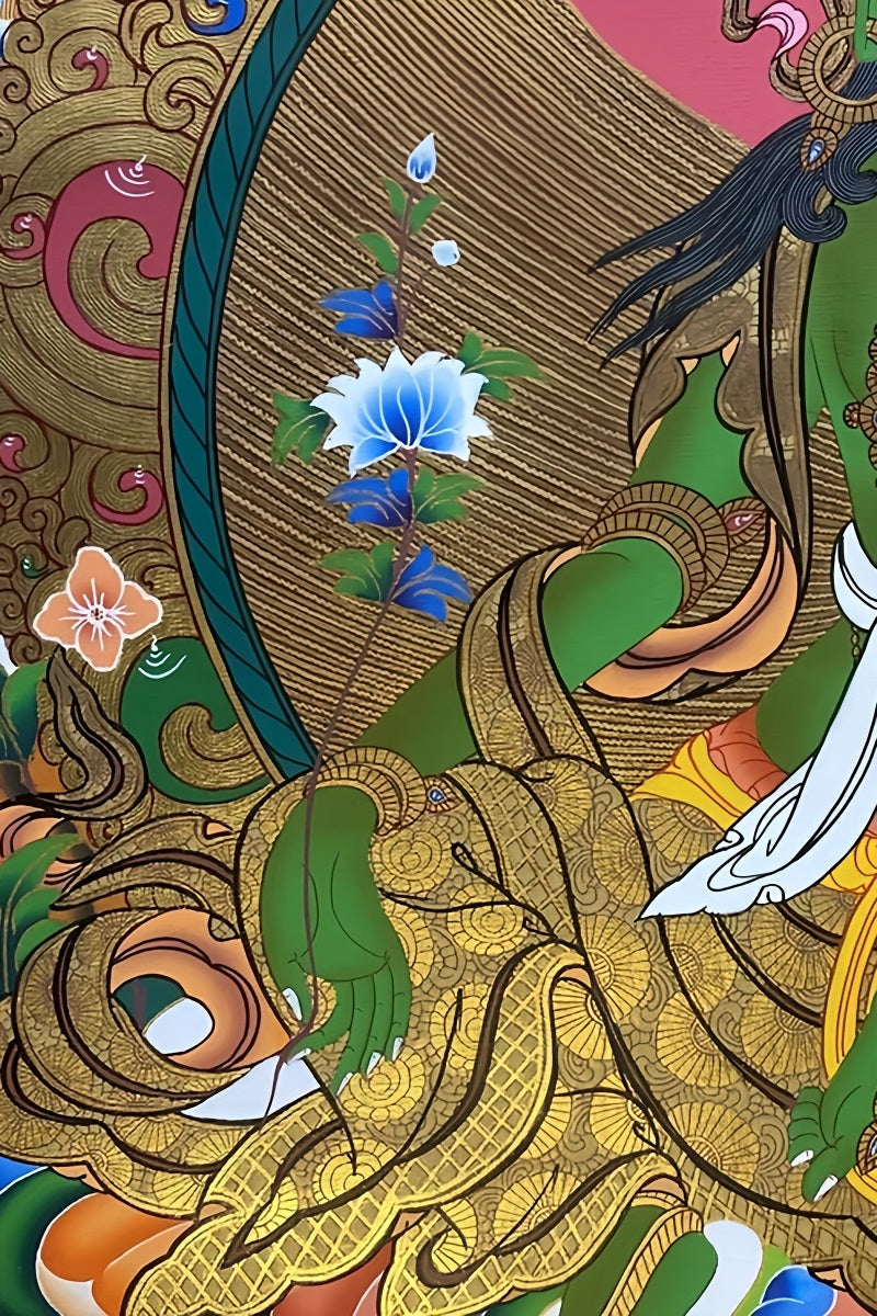Blessing Tibetan Buddhist Green Tara thangka, hand-painted using mineral colors, ideal for meditation and altar use.