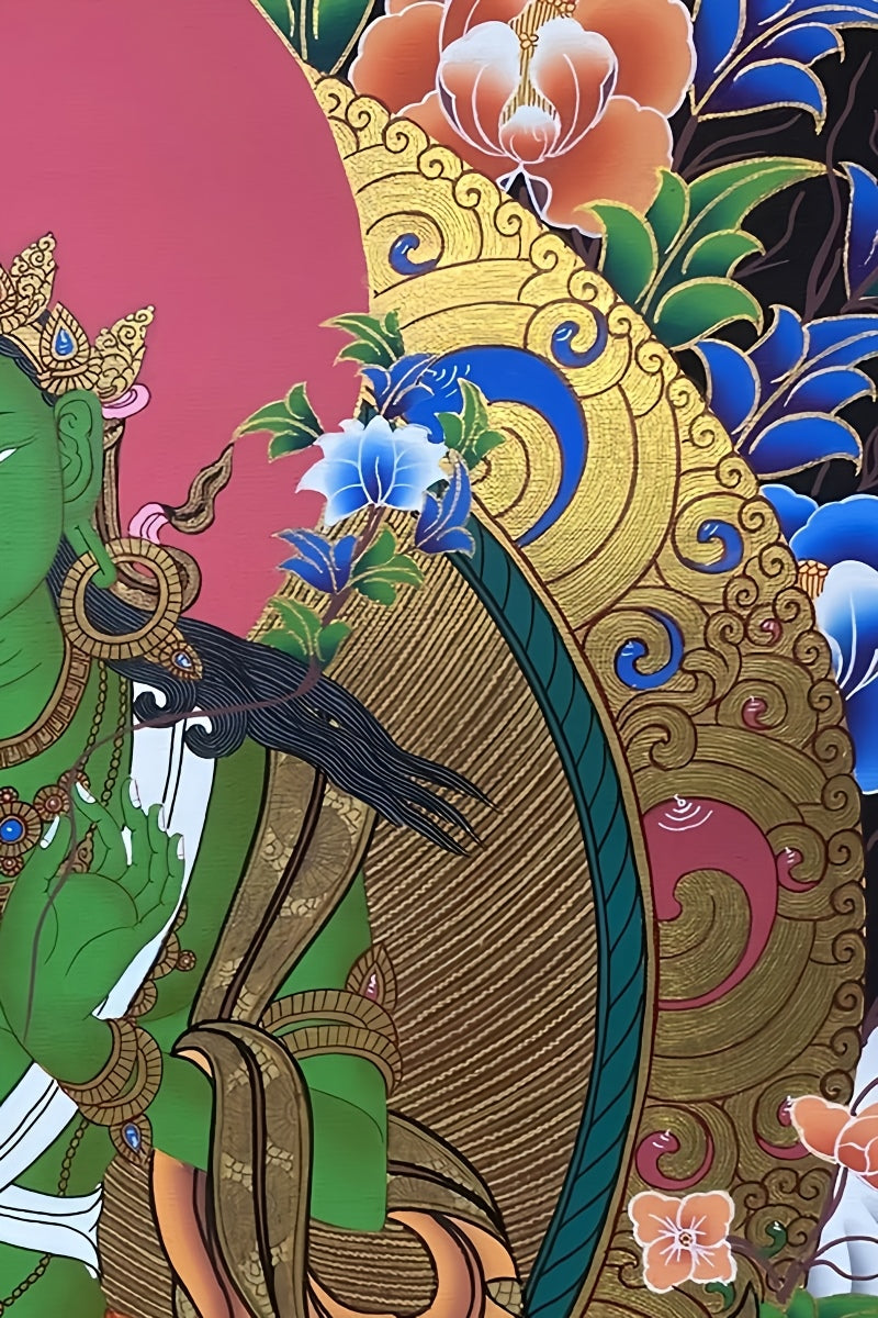 Devotional Green Tara Tibetan thangka painting, pure hand-painted masterpiece with authentic spiritual details.
