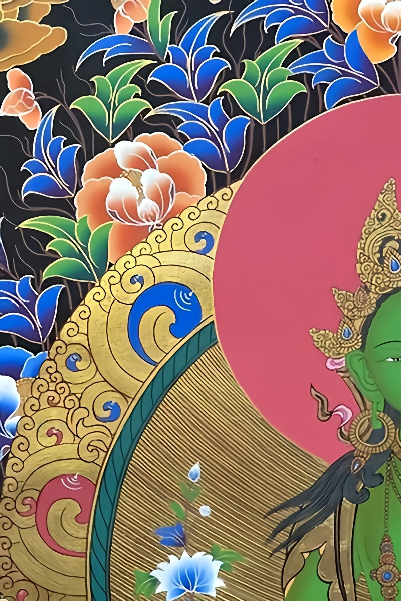 Tibetan Buddhist Green Tara meditation thangka, meticulously hand-painted with mineral pigments for spiritual use.