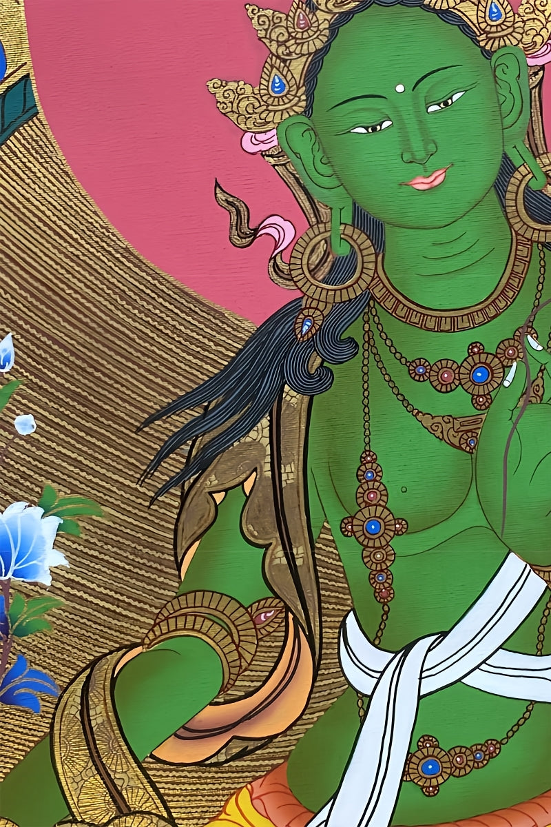 Green Tara deity Tibetan thangka, hand-painted with pure mineral colors, authentic sacred thangka painting.
