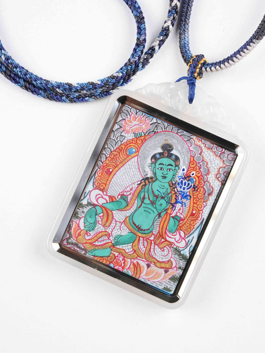 Mini Tibetan Green Tara Thangka painting crafted with mineral pigments and sacred canvas.