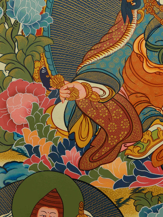 Guru Rinpoche (Padmasambhava) Thangka painting made with natural mineral pigments on sacred canvas.