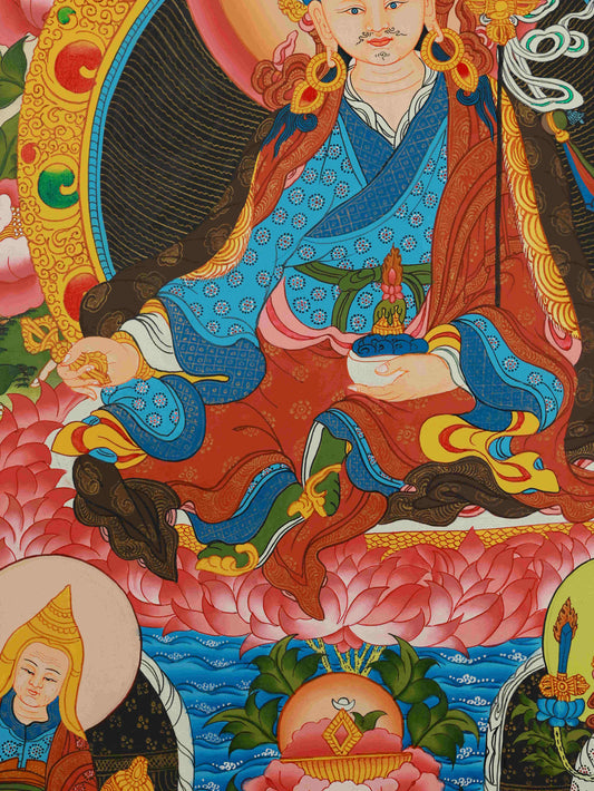 Hand-painted Tibetan-Buddhist Padmasambhava Thangka on canvas with mineral pigments, a masterpiece of Tibetan Buddha art symbolizing enlightenment and protection.