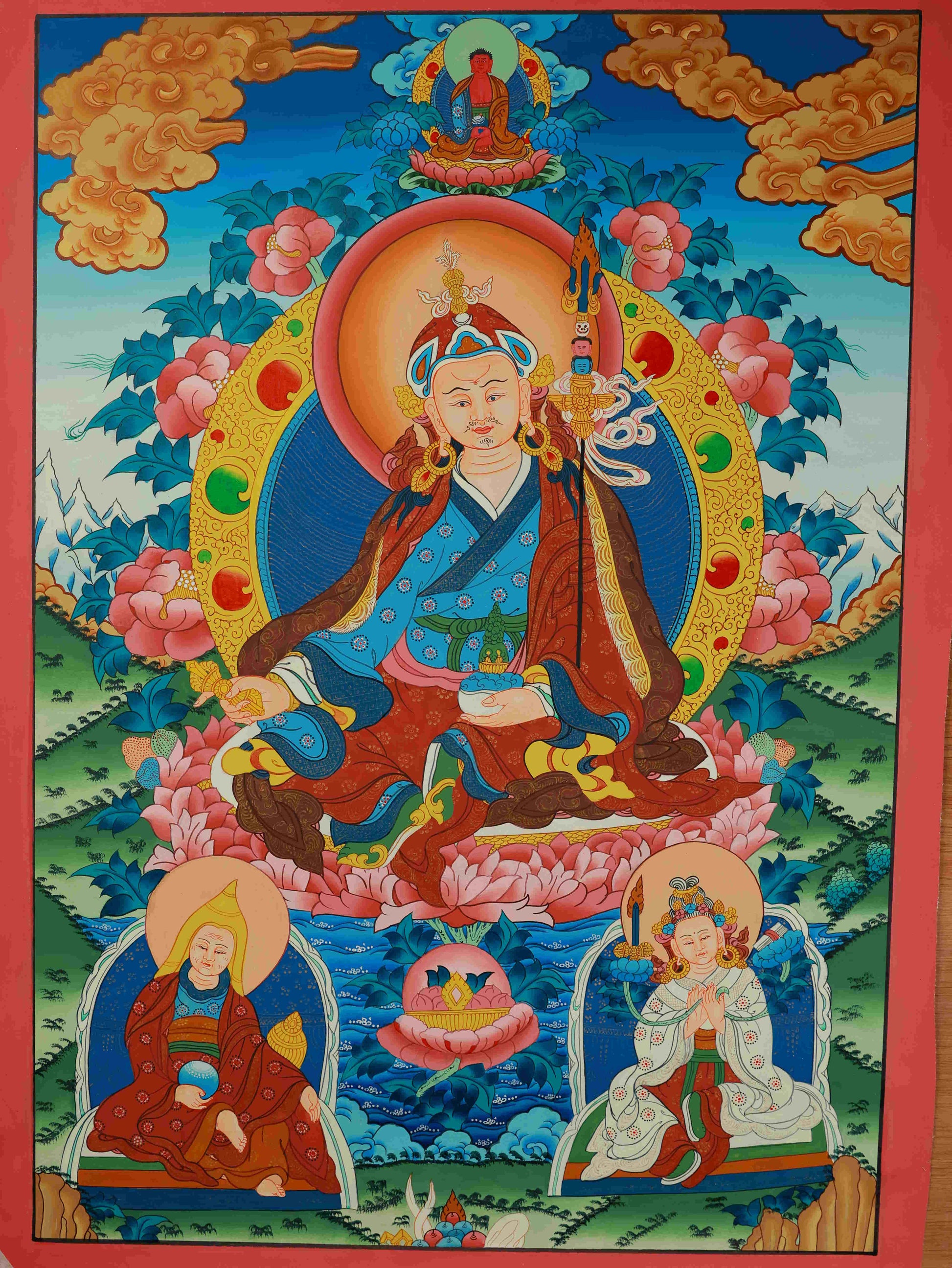 Authentic Tibetan Buddhist Padmasambhava Thangka, handcrafted with natural mineral colors, symbolizing wisdom and protection in Buddha art.