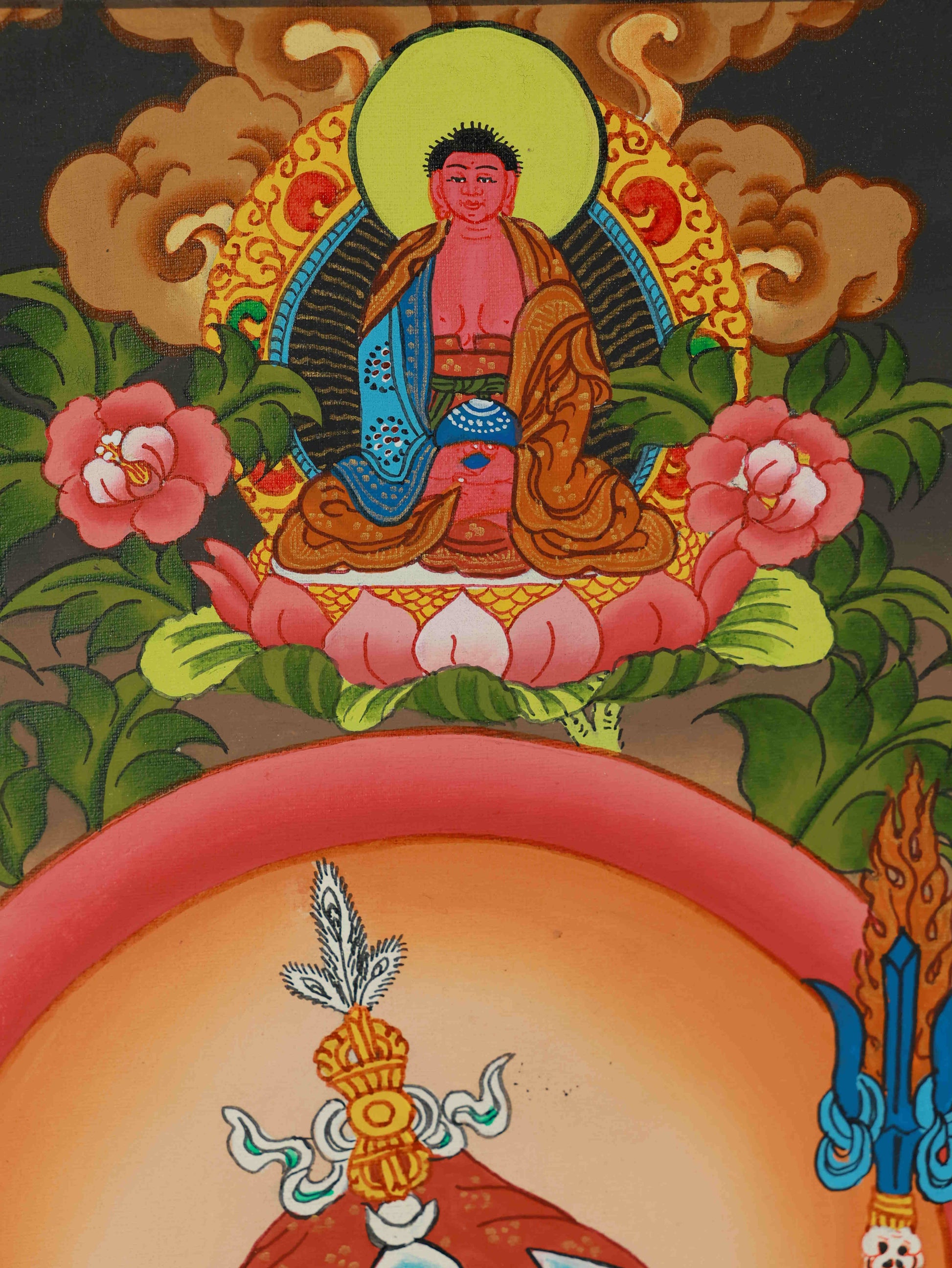 Tibetan-Buddhist Padmasambhava Thangka, pure hand-painted Buddha art using mineral pigment on thangka canvas, reflecting sacred tantric teachings.