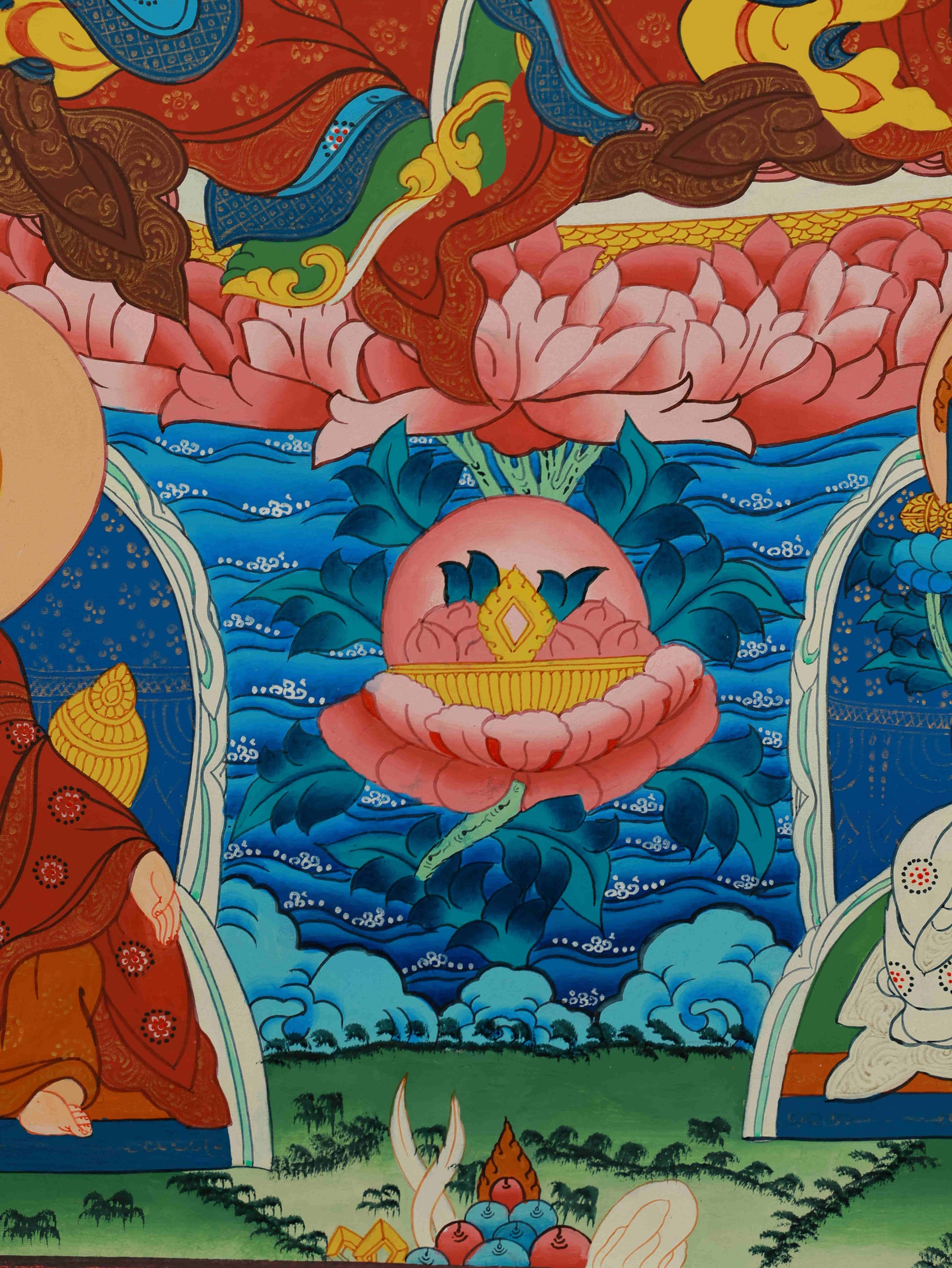 Detailed Guru Rinpoche Thangka painting, pure hand-drawn Tibetan Buddha art created with mineral pigment for sacred spiritual practice.