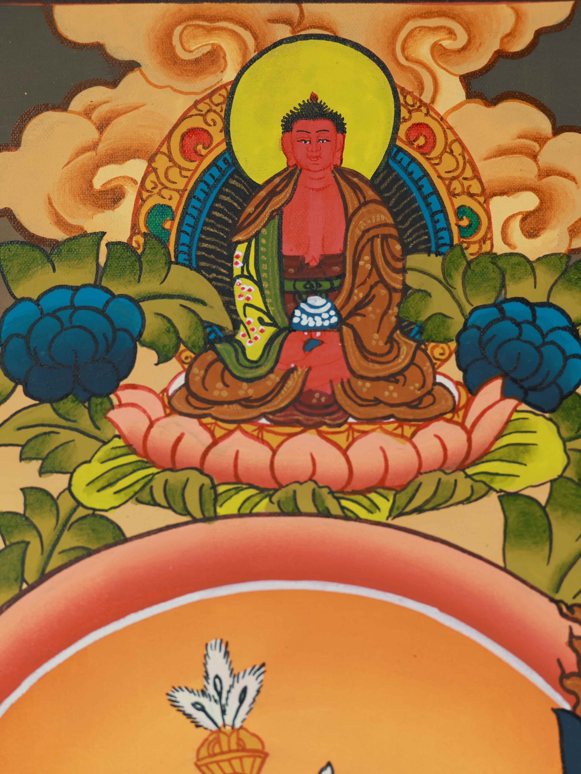Tibetan-Buddhist Padmasambhava Thangka artwork, showcasing detailed Buddha art with traditional mineral colors.